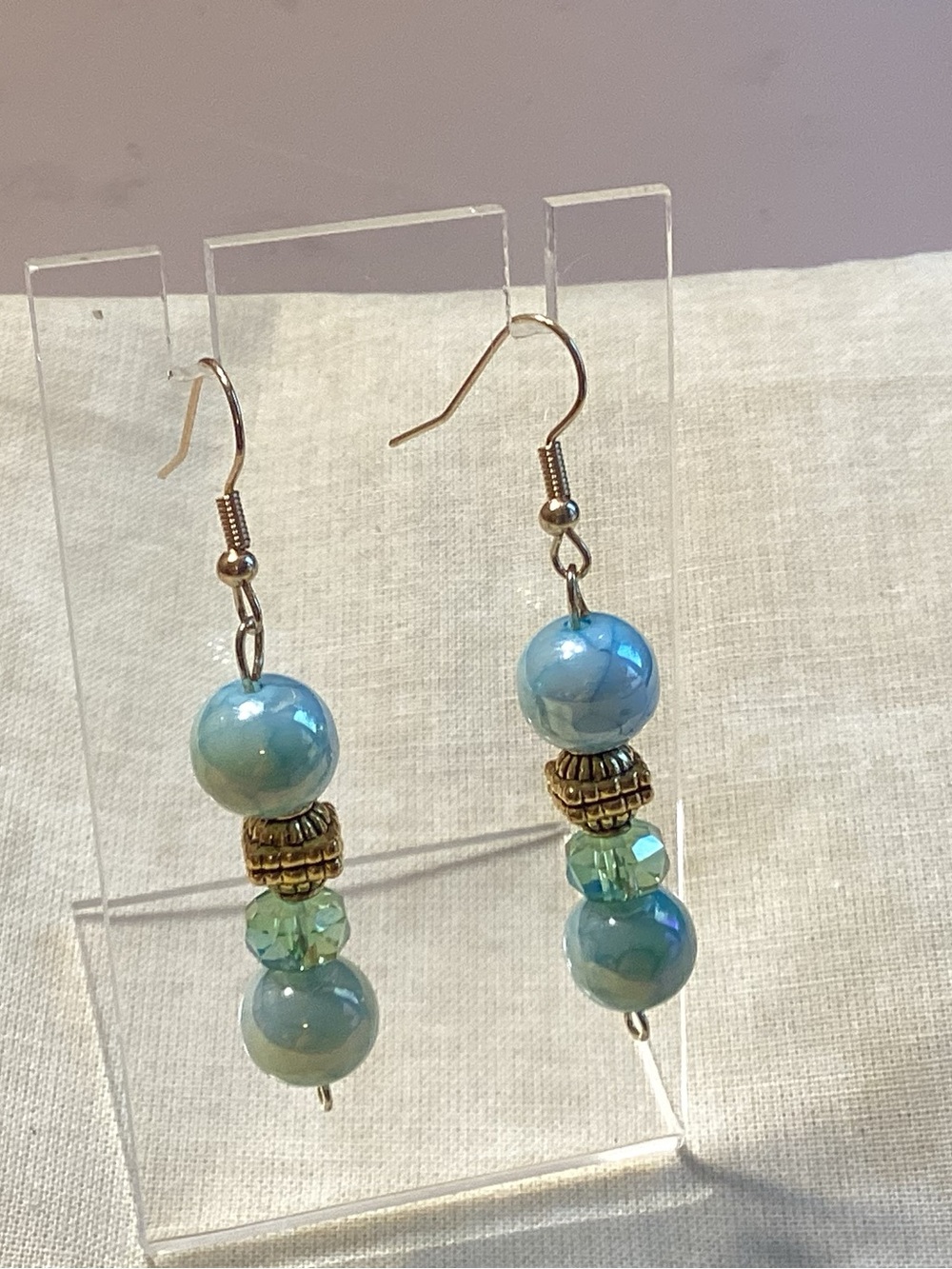 NWOT Blue and Green Bead Drop Earrings with Goldtone Accents